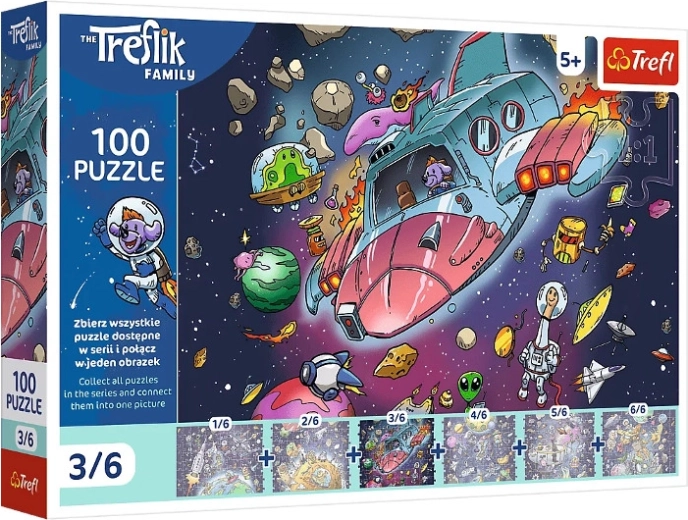 Puzzle Trefl La Famille Treflik dans l’espace : Gonduś dans la fusée – 100 pièces