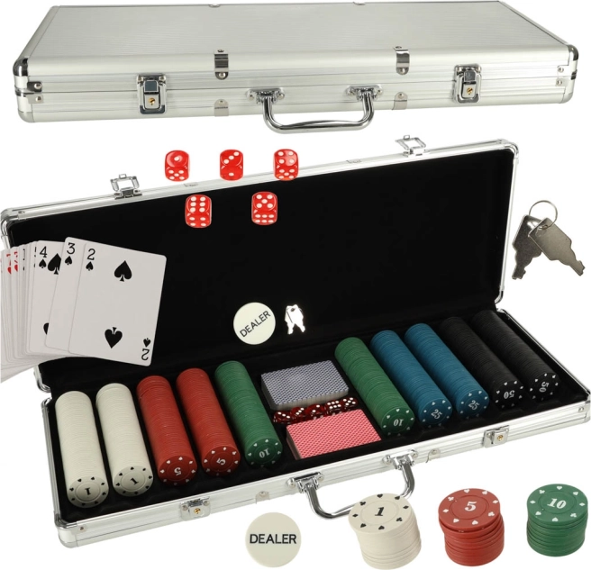 Ensemble de poker dans une mallette argentée avec 500 jetons et 2 paquets de cartes