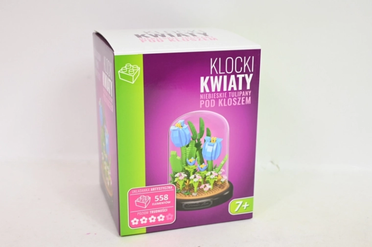 Kit de construction : bouquet de tulipes bleues sous une cloche en verre