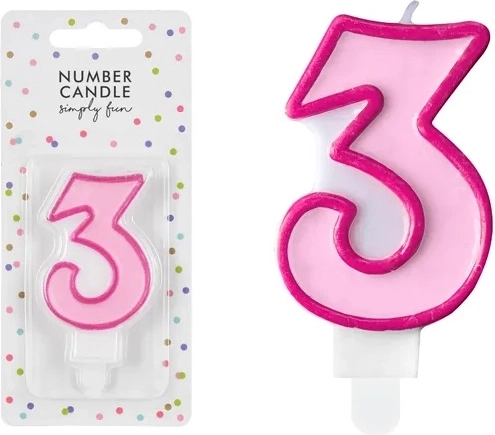 Bougie d’anniversaire chiffre 3 rose 7 cm - 1 pièce