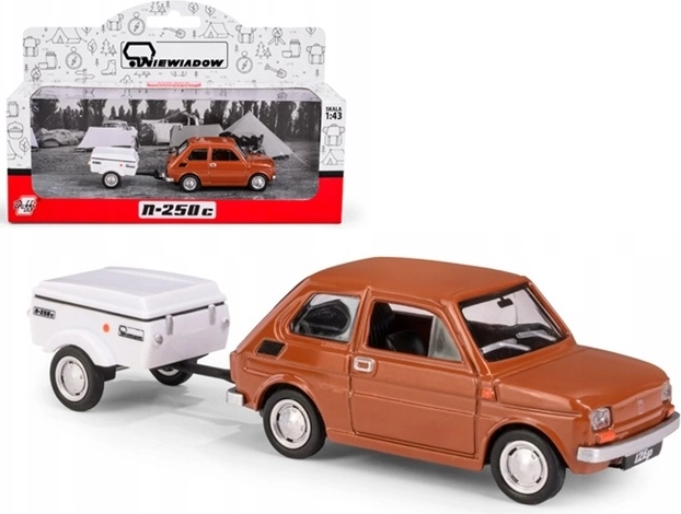 Fiat 126p avec caravane Niewiadów N250C brun, modèle 1:43