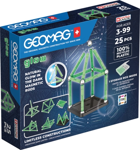 Geomag Glow jeu de construction magnétique phosphorescent en plastique recyclé, 25 pièces