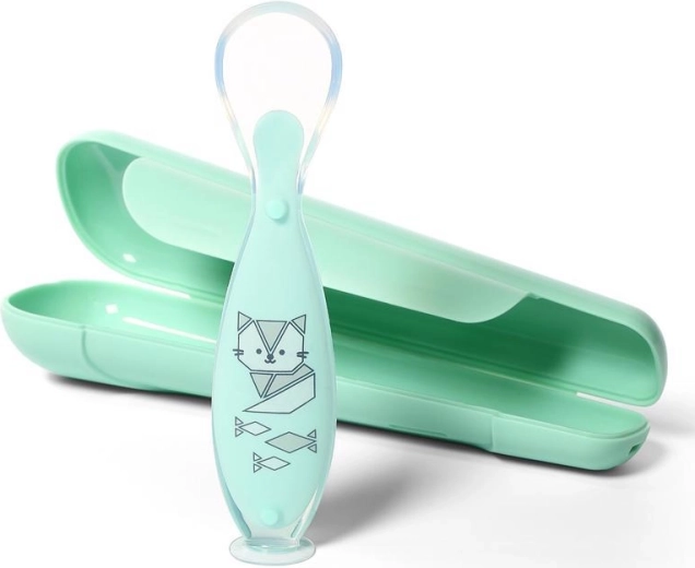 BabyOno cuillère en silicone avec ventouse et étui de voyage, menthe, 6m+