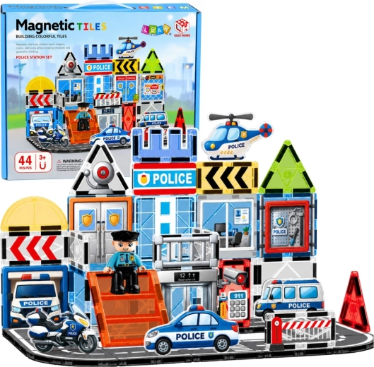 Jeu de construction magnétique : poste de police avec véhicules – 44 pièces