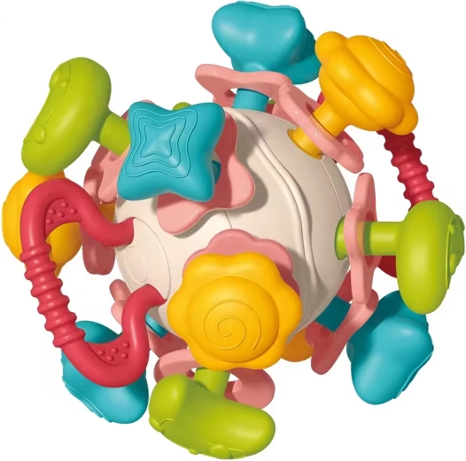 Balle hochet sensorielle souple 4-en-1 WOOPIE – jouet sensoriel et anneau de dentition pour bébés
