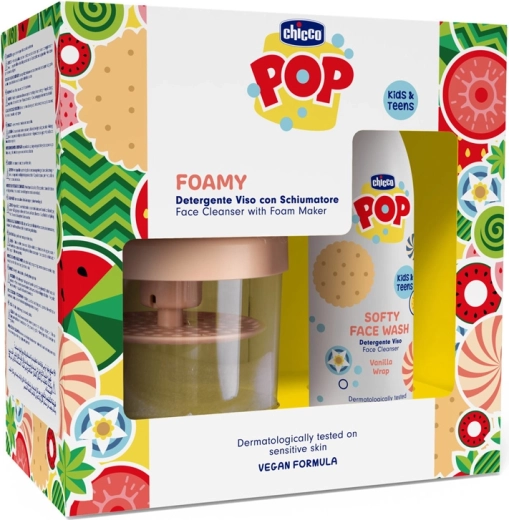 Chicco POP Softy gel nettoyant doux pour le visage Vanilla Wrap 150 ml avec flacon moussant
