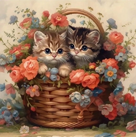 Peinture par numéros Chats dans un panier avec des fleurs 40 × 50 cm