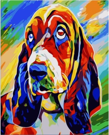 Tableau à peindre par numéros sur châssis 40 × 50 cm – basset hound (chien coloré)