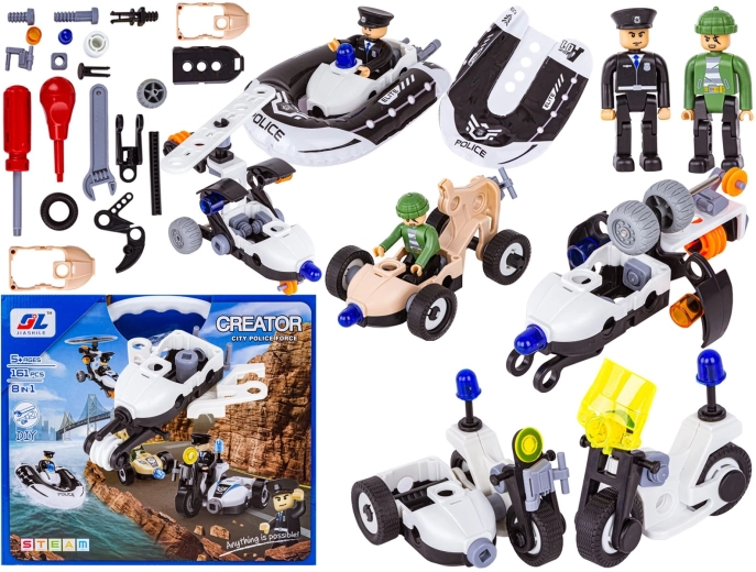 Jeu de construction police 8-en-1 avec vissage – 161 pièces