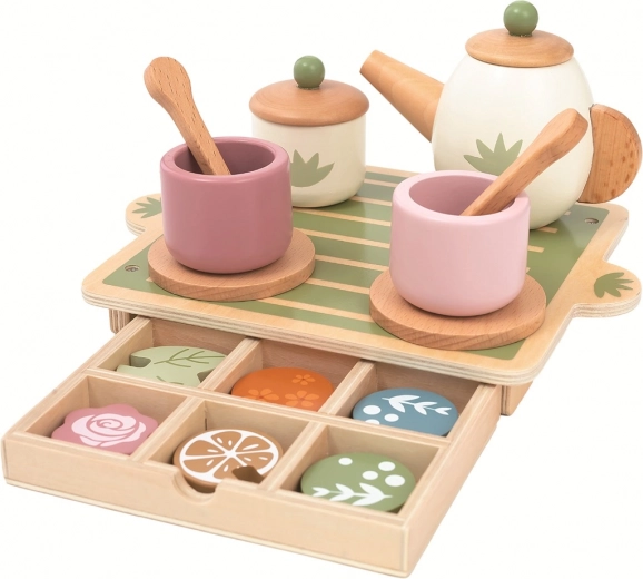 set de thé en bois pour enfants avec plateau et tiroir