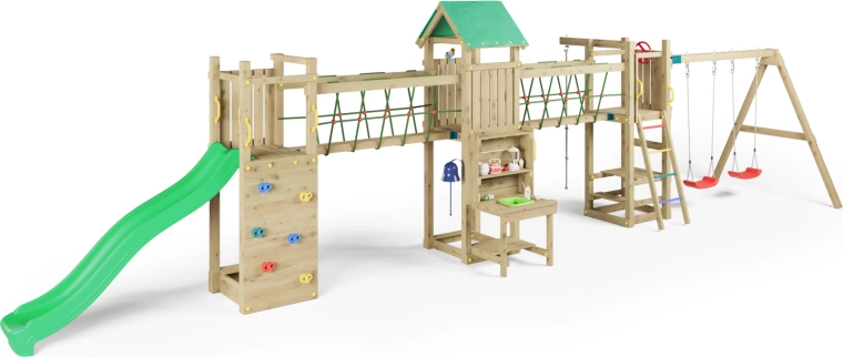 Aire de jeu en bois Fungoo Space Longer avec toboggan, mur d’escalade, balançoires et cuisine à boue