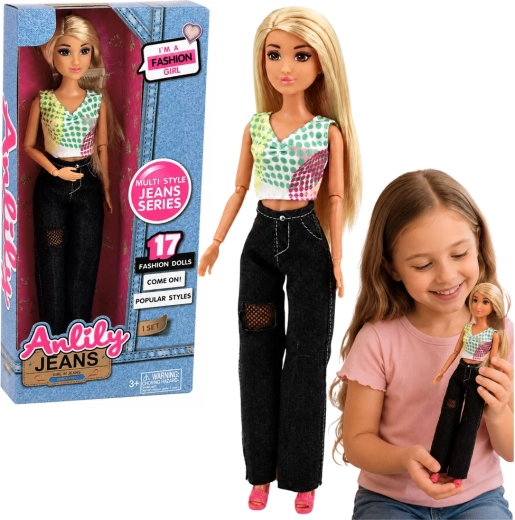 Poupée fashion Anlily en jean noir avec haut coloré, 30 cm