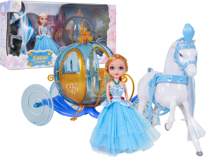 Carrosse bleu féerique avec cheval blanc et poupée de petite princesse - 1 pièce