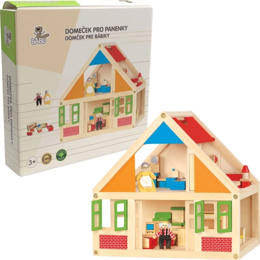 Babu maison de poupées en bois avec accessoires et 2 figurines