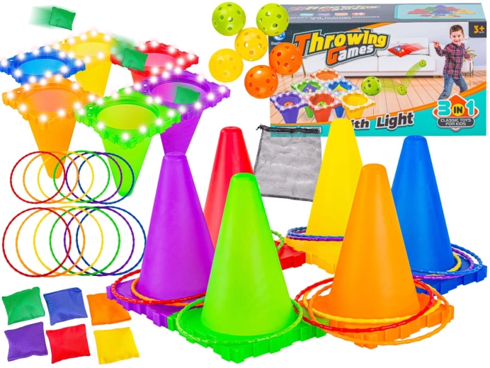 Jeu d’adresse 3 en 1 – lancer sur cible avec cônes LED, balles, sacs et anneaux