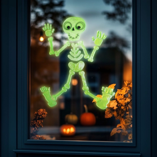 Décoration de fenêtre phosphorescente pour Halloween – squelette, 24 × 15 cm