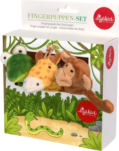 Ensemble de marionnettes à doigt en peluche sigikid – singe, crocodile et girafe