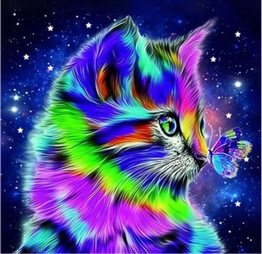 Mosaïque diamant - Chat avec papillon la nuit