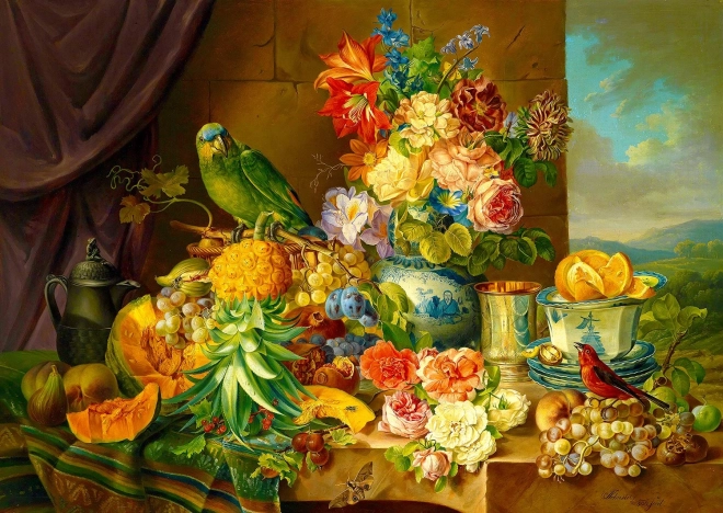 Puzzle Nature Morte avec Fleurs, Fruits et Perroquet 1000 Pièces