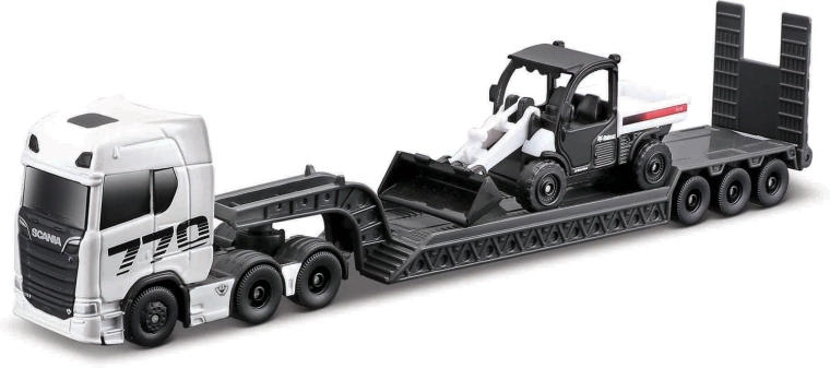 Ensemble Maisto de mini engins de chantier avec grand tracteur routier Scania 770S, Toolcat 5600 et godet