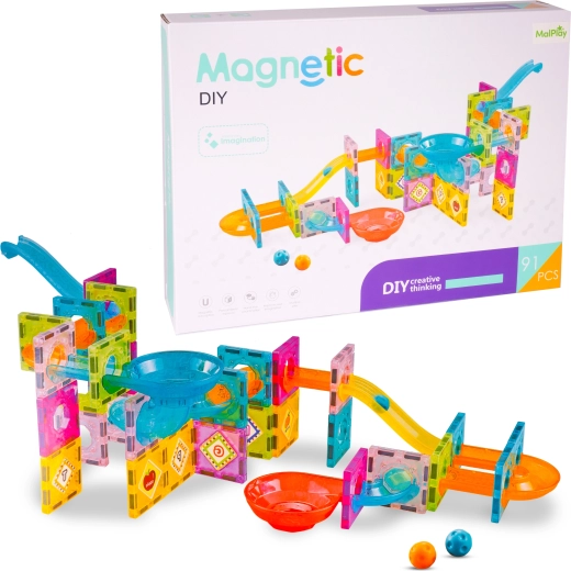 Jeu de construction magnétique – circuit à billes avec entonnoir, 91 pièces