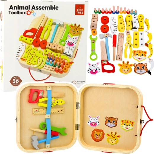 Set en bois du petit bricoleur dans une mallette avec des animaux, 59 pièces