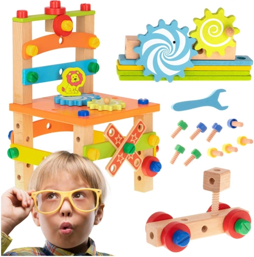 Jeu de construction en bois, établi avec tabouret, 49 pièces