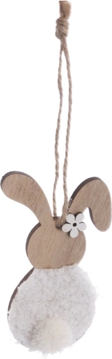 Décoration lapin en bois et peluche marron-blanc 11 cm