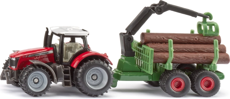 Tracteur Siku Massey Ferguson avec remorque forestière et bûches