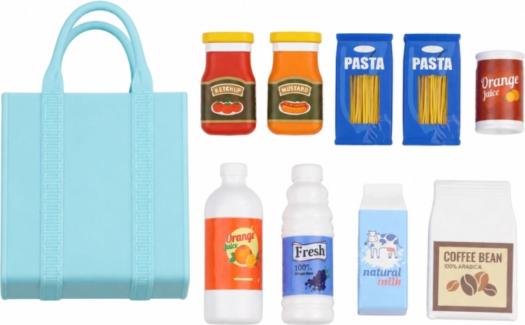 Mini aliments et sac de courses pour jouer au shopping