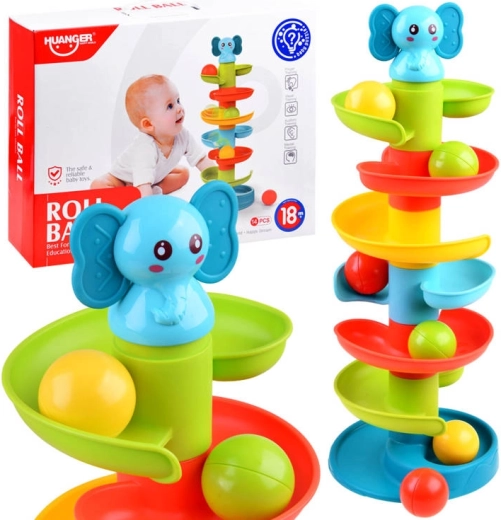 Piste à boules colorée avec petit éléphant – pyramide en spirale pour enfants