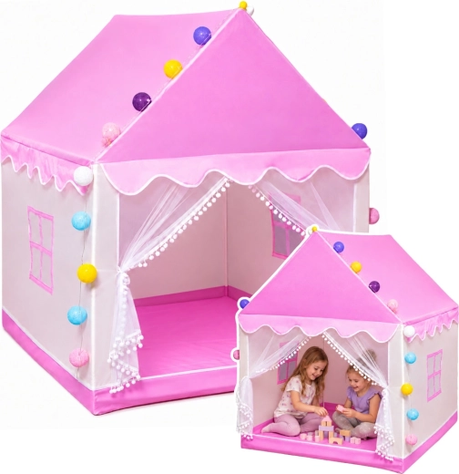 Tente pour enfants en forme de maisonnette avec guirlande LED pour la chambre, rose