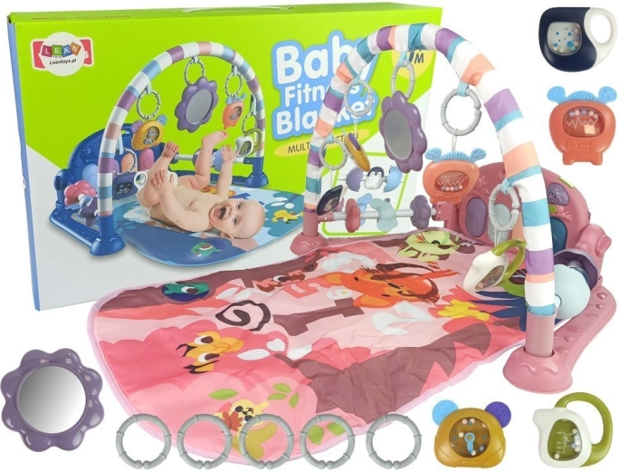 Tapis d’éveil pour bébé avec piano, hochets, anneaux de dentition et miroir – rose