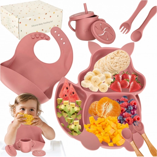 Ensemble de vaisselle en silicone rose foncé Écureuil - 9 pièces