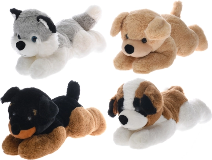 Chien en peluche couché 32 cm, plusieurs couleurs