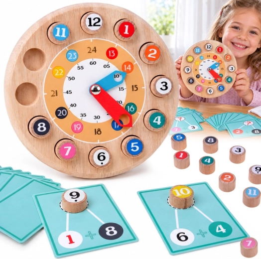 Horloge éducative en bois 2-en-1 avec exercices de mathématiques