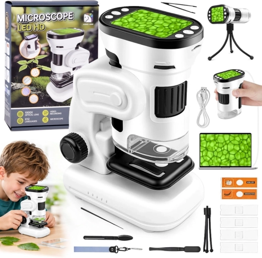Microscope numérique pour enfants 1000× avec écran 2", LED et caméra (menu en polonais)