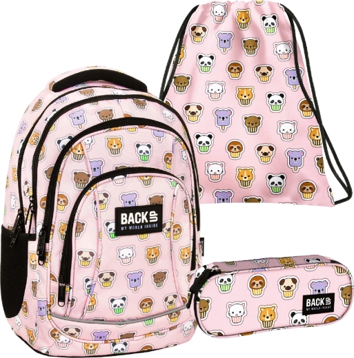 Set scolaire BackUP Muffins Animals 3-en-1 – sac à dos, trousse et sac