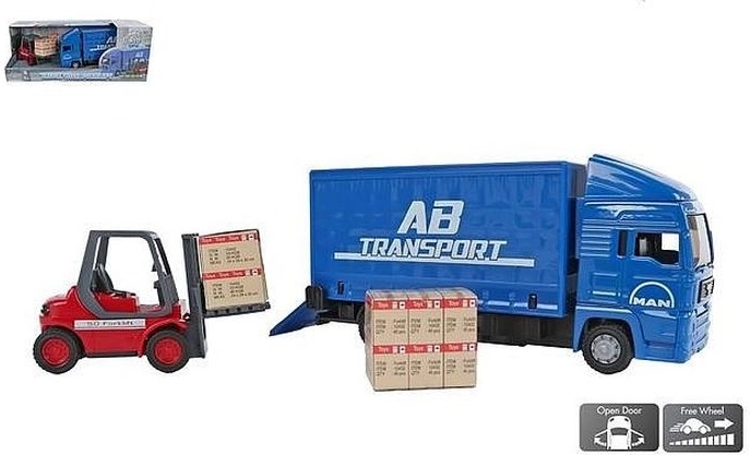 Camion pour enfants avec chariot élévateur et cartons miniatures 17 cm