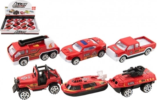 Voitures de pompiers métal/plastique 7 cm à friction, assortiment de modèles, 12 pcs en boîte
