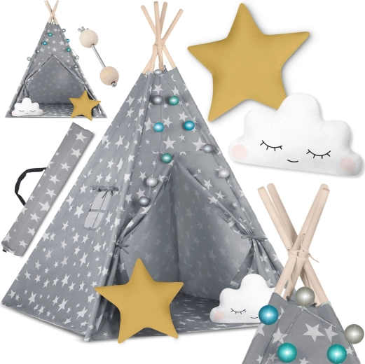 Teepee pour enfants avec guirlande lumineuse NUKIDO – gris à étoiles