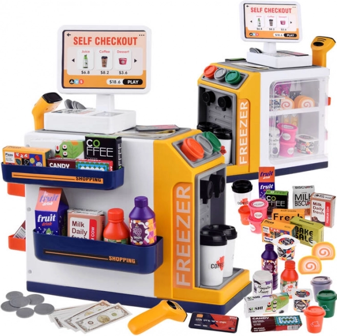 Magasin libre-service pour enfants avec machine à café et réfrigérateur – scanner, caisse et accessoires