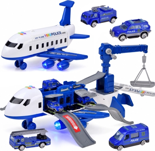 Avion de police avec parking, grue et 4 petites voitures