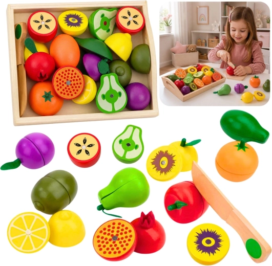 Fruits magnétiques en bois à découper avec couteau sécurisé et boîte