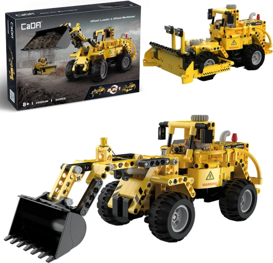 Kit de construction CaDA véhicules de chantier jaunes 2-en-1 chargeuse et bulldozer