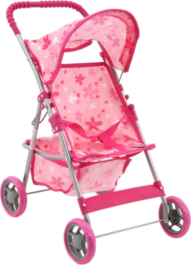 Poussette canne rose pour poupée avec fleurs et panier