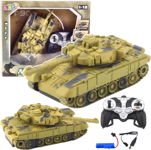 Char RC T-90 1:18 avec tourelle rotative, lumières et sons – camouflage sable