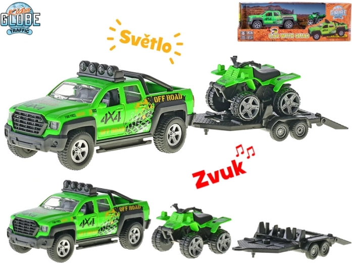 Kids Globe Traffic voiture avec remorque et quad, modèle en métal 13 cm avec lumières et sons