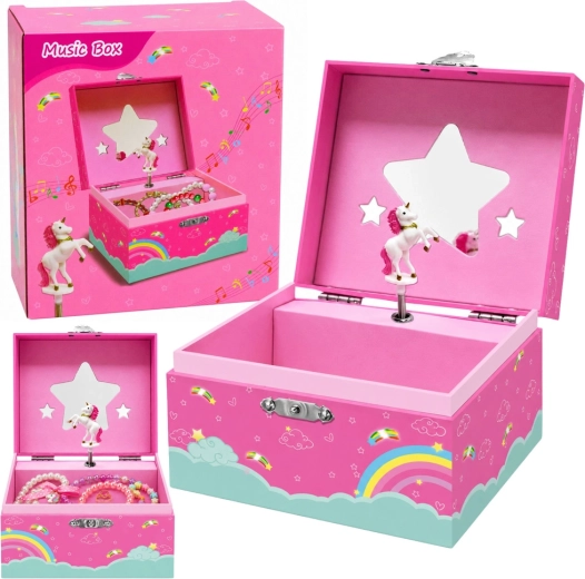 Boîte à bijoux rose avec boîte à musique et licorne tournante