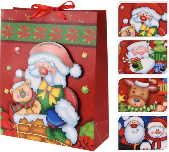 Sac cadeau de Noël M 24 × 18 × 8 cm, assortiment de décors